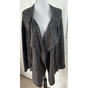 Bandolino Women Gray Boho Fringe Cardigan Size Small Open Front Knit Sweater EUC